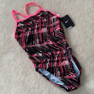 Nike Black and Neon Pink Striped Swimsuit NWT